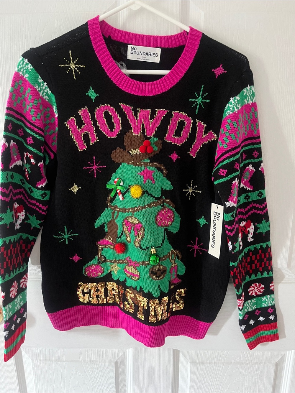 No Boundaries Black, Green & Pink 'Howdy' Christmas Sweater